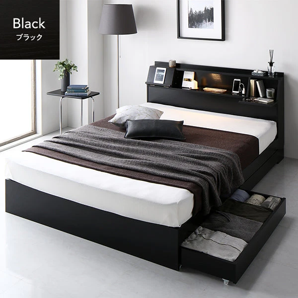 照明＆多機能ヘッドボード ・ 引き出し収納付き ブラック
