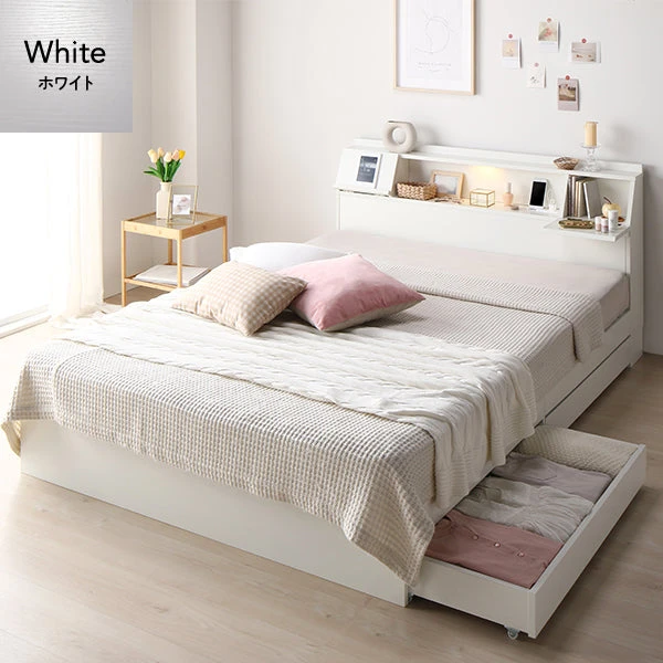 照明＆多機能ヘッドボード ・ 引き出し収納付き ホワイト