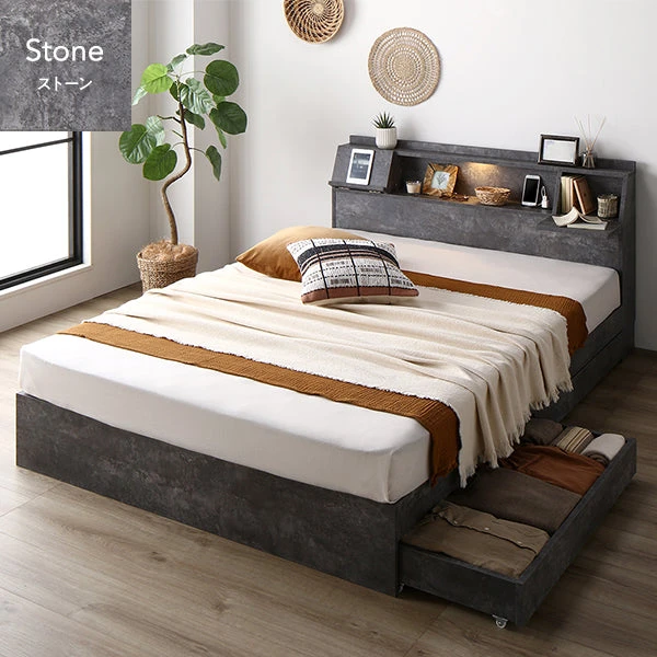 照明＆多機能ヘッドボード ・ 引き出し収納付き ストーングレー