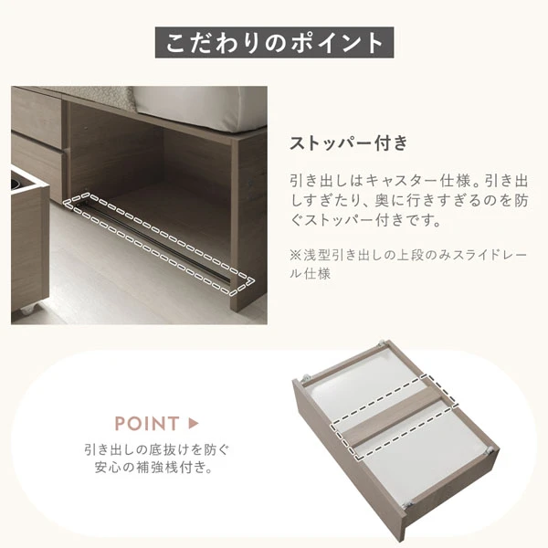 こだわりのポイント：ストッパー付き / 引き出しの底抜けを防ぐ安心の補強桟付き