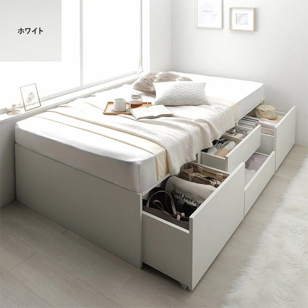 引き出し4杯大容量ベッド ヘッドレスタイプ ホワイト