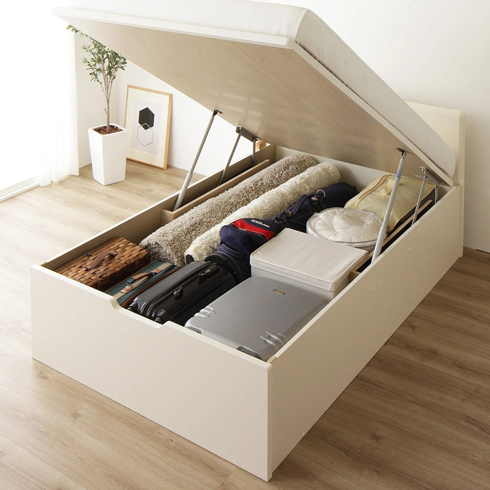 収納付きベッド フラットヘッド 跳ね上げ アイボリー シングル(通常丈)-ハイタイプ 3ゾーンポケットコイルマットレス付き 縦開きタイプ・通常丈