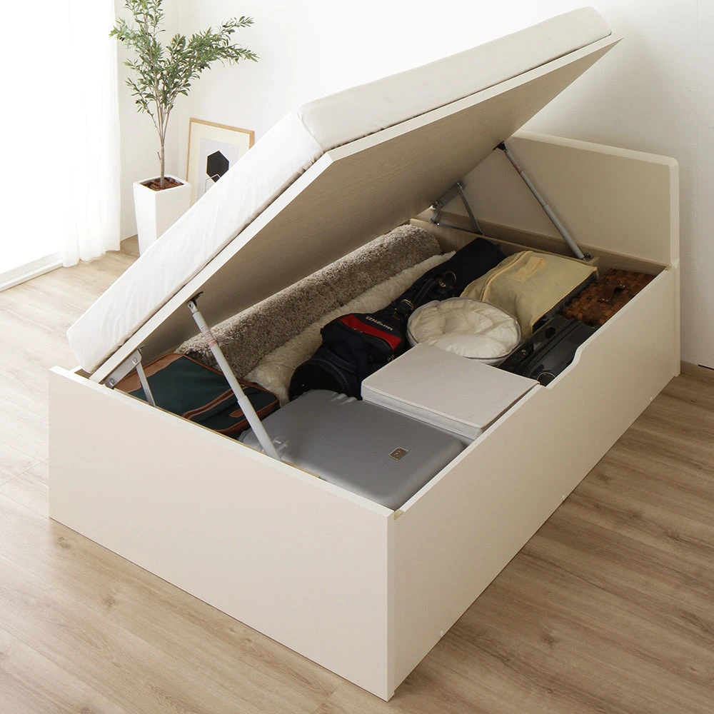 収納付きベッド フラットヘッド 跳ね上げ アイボリー シングル(通常丈)-ハイタイプ 3ゾーンポケットコイルマットレス付き 横開きタイプ・通常丈