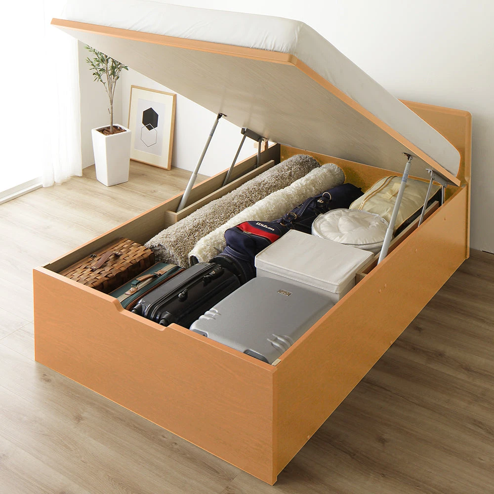 収納付きベッド フラットヘッド 跳ね上げ ナチュラル シングル(通常丈)-ハイタイプ 3ゾーンポケットコイルマットレス付き 縦開きタイプ・通常丈