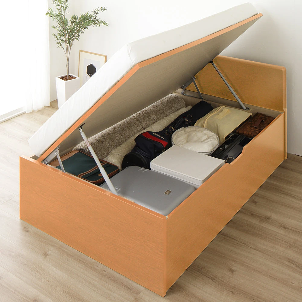 収納付きベッド フラットヘッド 跳ね上げ ナチュラル シングル(ショート丈)-ハイタイプ 3ゾーンポケットコイルマットレス付き 横開きタイプ・ショート丈