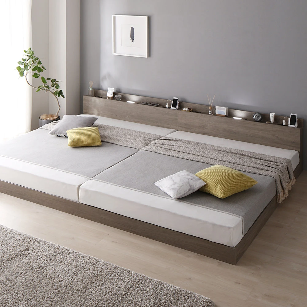 家族で眠る、最大280cm。LED照明＆棚付き連結ローベッド グレージュ キング180cm(SS+S) 2層ポケットコイルマットレス付き