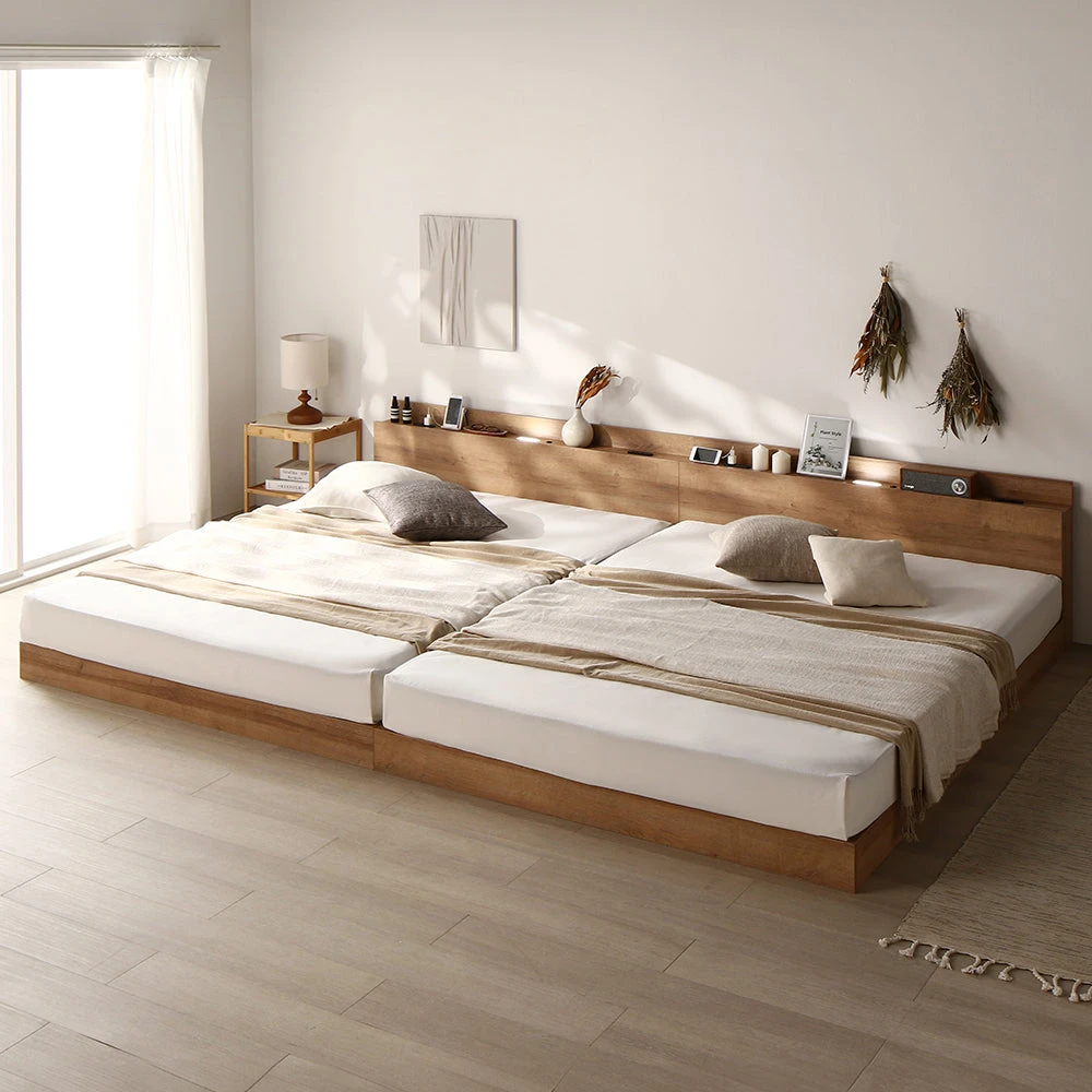 家族で眠る、最大280cm。LED照明＆棚付き連結ローベッド シャビーオーク キング180cm(SS+S) 2層ポケットコイルマットレス付き