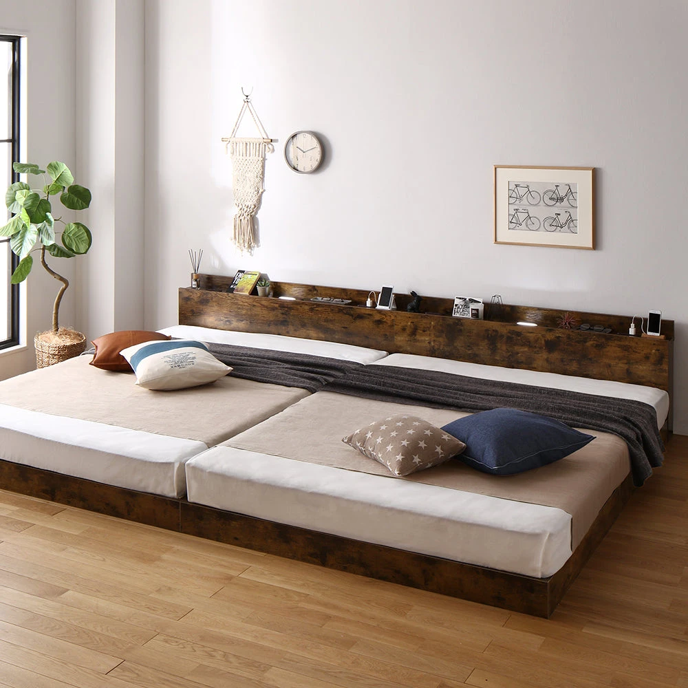 家族で眠る、最大280cm。LED照明＆棚付き連結ローベッド ヴィンテージブラウン キング180cm(SS+S) 2層ポケットコイルマットレス付き