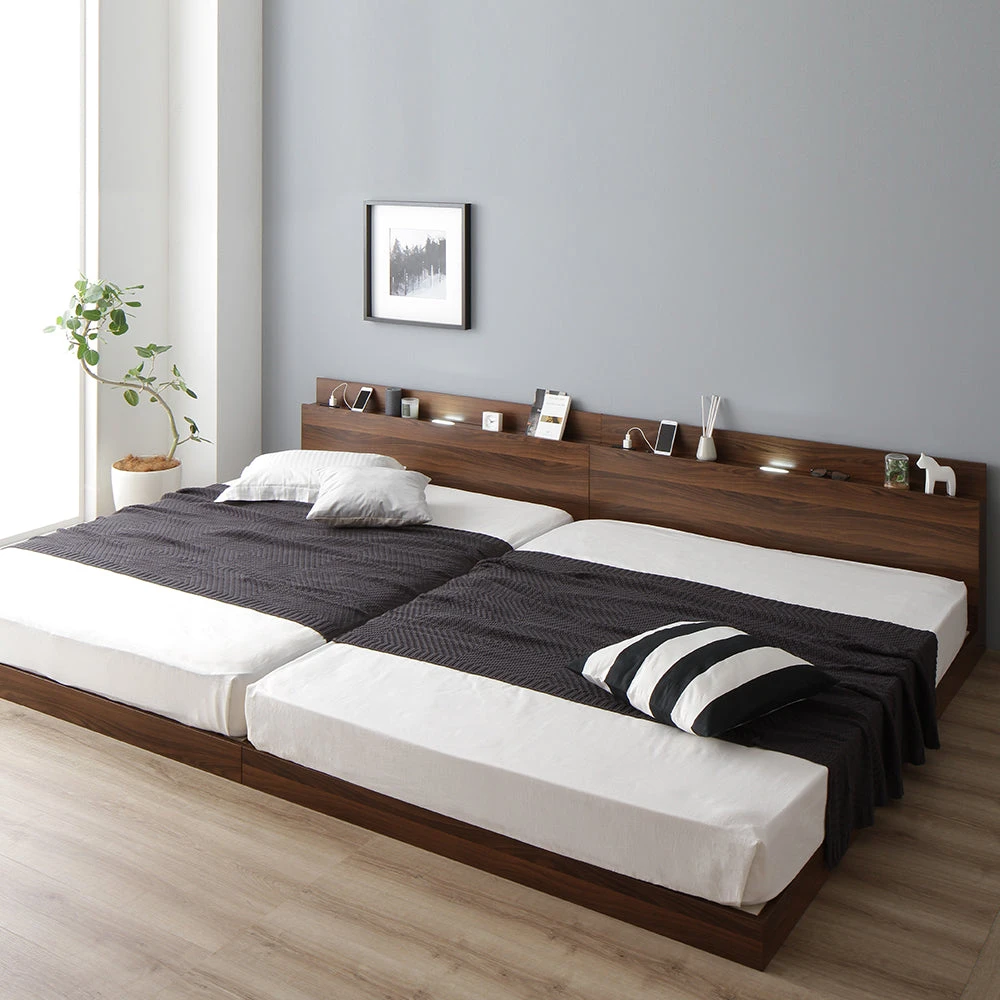 家族で眠る、最大280cm。LED照明＆棚付き連結ローベッド ブラウン キング180cm(SS+S) 2層ポケットコイルマットレス付き