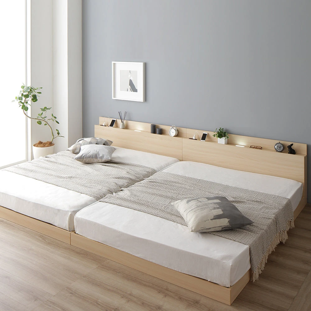 家族で眠る、最大280cm。LED照明＆棚付き連結ローベッド ナチュラル キング180cm(SS+S) 2層ポケットコイルマットレス付き