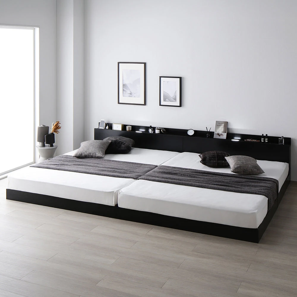 家族で眠る、最大280cm。LED照明＆棚付き連結ローベッド ブラック キング180cm(SS+S) 2層ポケットコイルマットレス付き