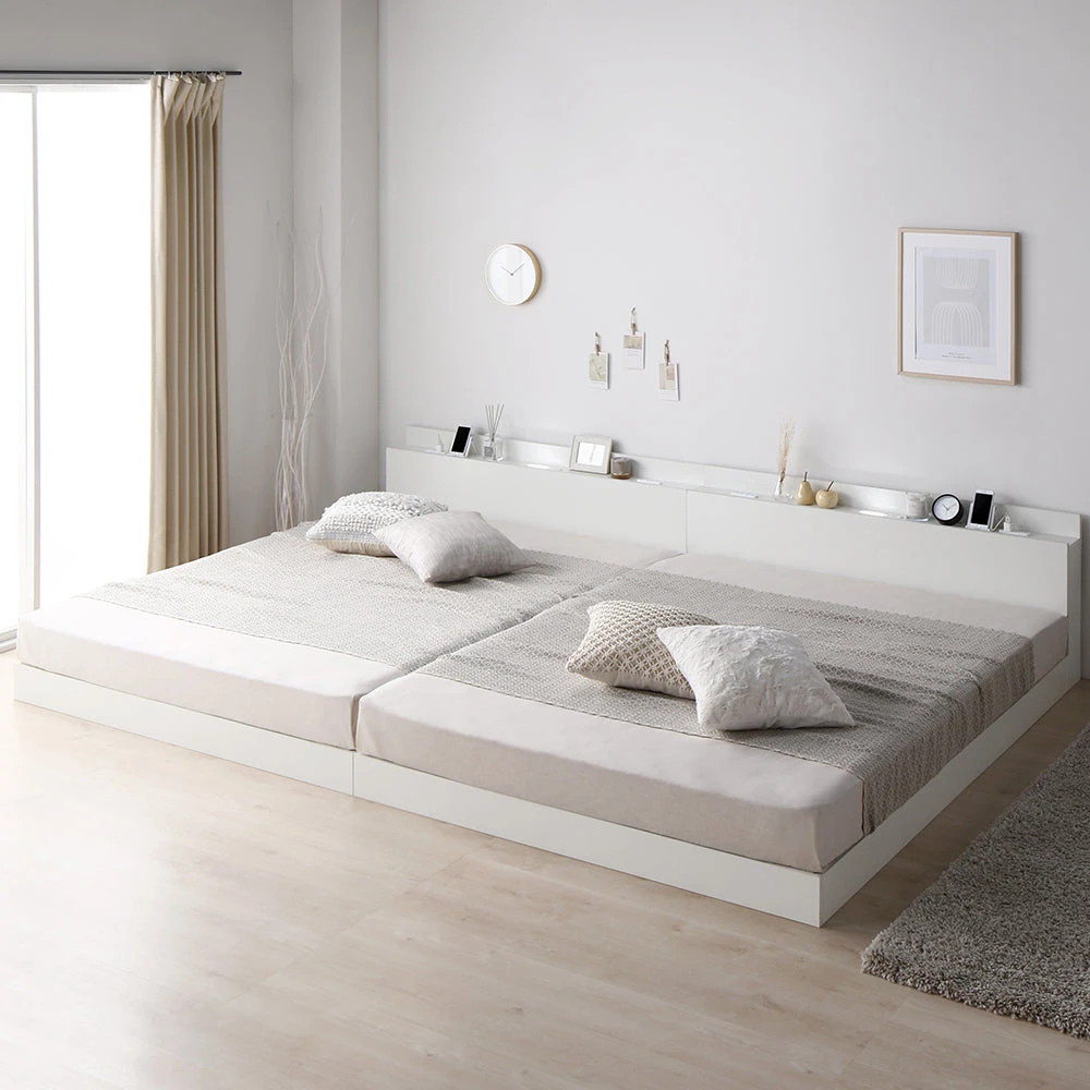 家族で眠る、最大280cm。LED照明＆棚付き連結ローベッド ホワイト キング180cm(SS+S) 2層ポケットコイルマットレス付き