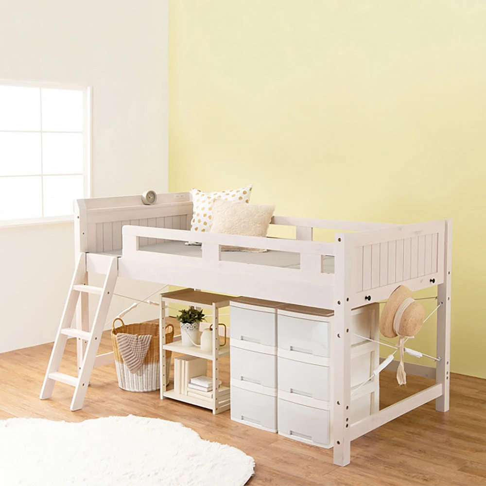 高さが選べる木製ロフトベッド シングル ホワイトウォッシュ シングル ロータイプ