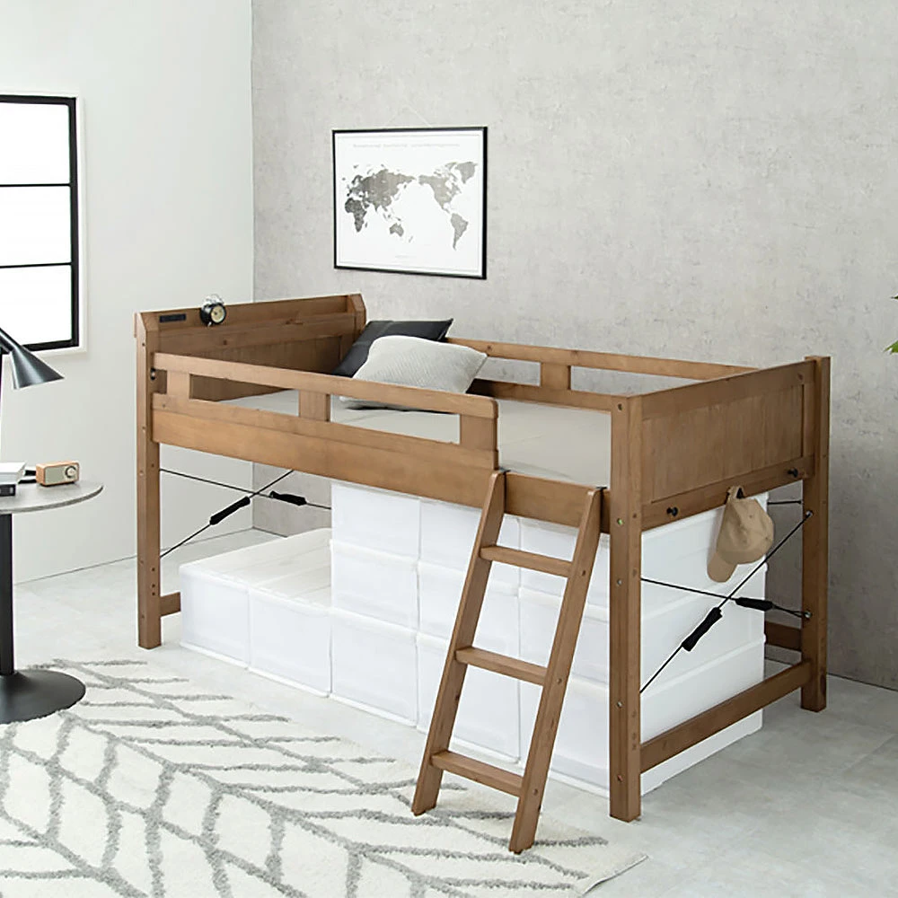 高さが選べる木製ロフトベッド シングル ミドルブラウン シングル ロータイプ