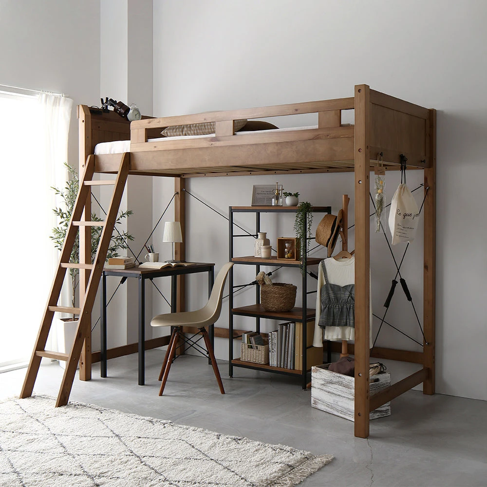 高さが選べる木製ロフトベッド シングル ミドルブラウン シングル ハイタイプ