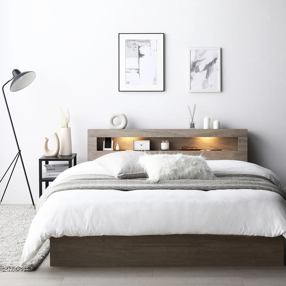 収納付きベッド LED照明 ヘッドボード グレージュ クイーン 2層ポケットコイルマットレス付き