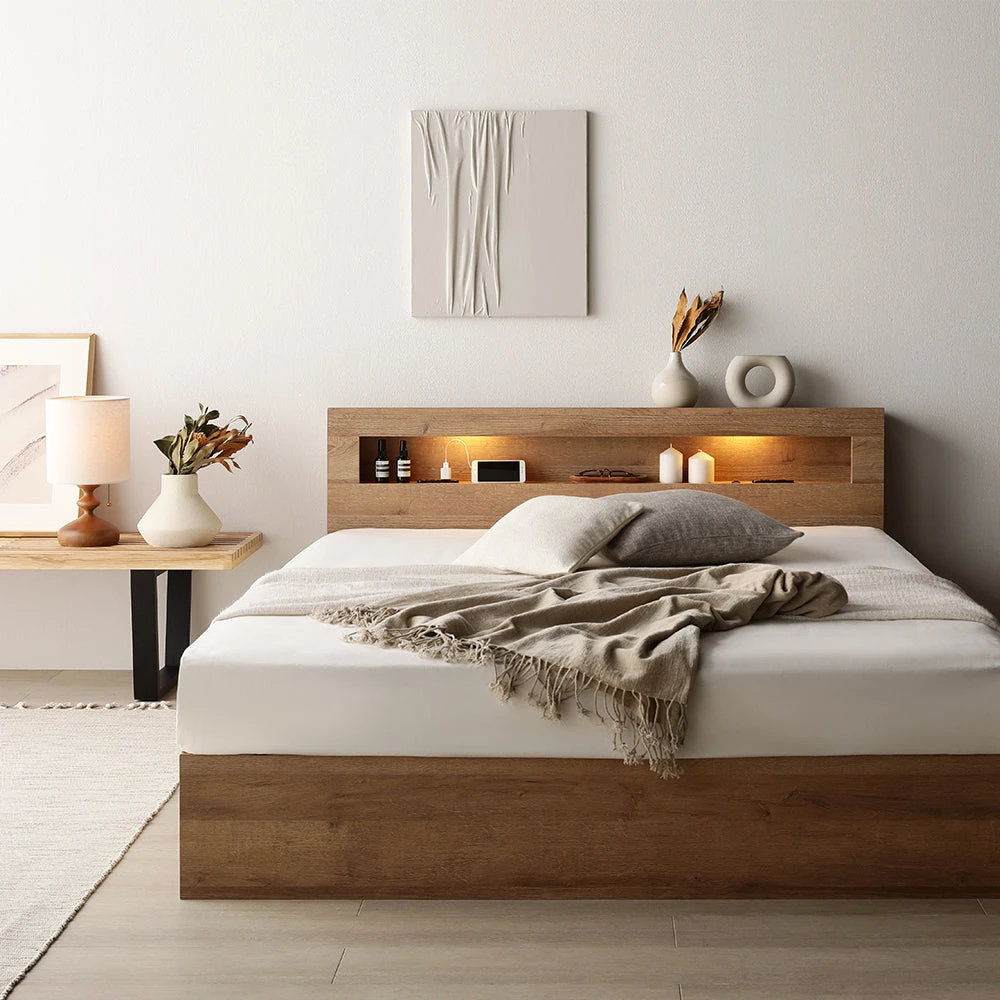 収納付きベッド LED照明 ヘッドボード シャビーオーク クイーン 2層ポケットコイルマットレス付き