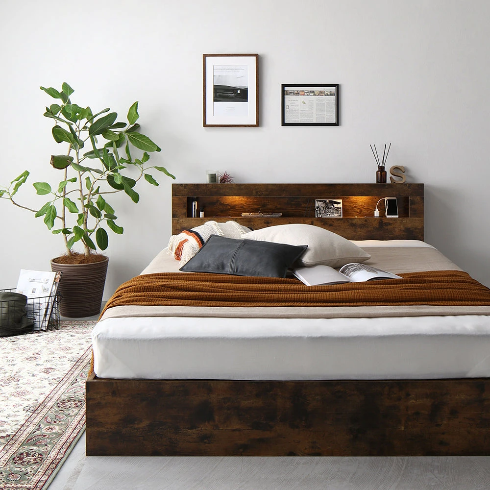 収納付きベッド LED照明 ヘッドボード ヴィンテージブラウン シングル 2層ポケットコイルマットレス付き