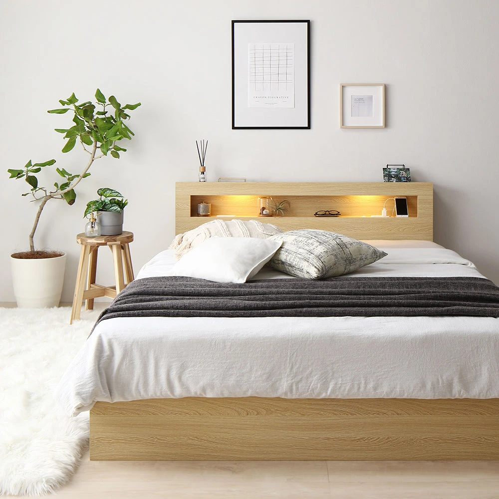 収納付きベッド LED照明 ヘッドボード ナチュラル シングル 2層ポケットコイルマットレス付き