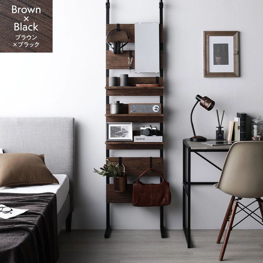 突っ張りウォールラック（ミラー ・ フック付き） 幅45cm ブラウン×ブラック