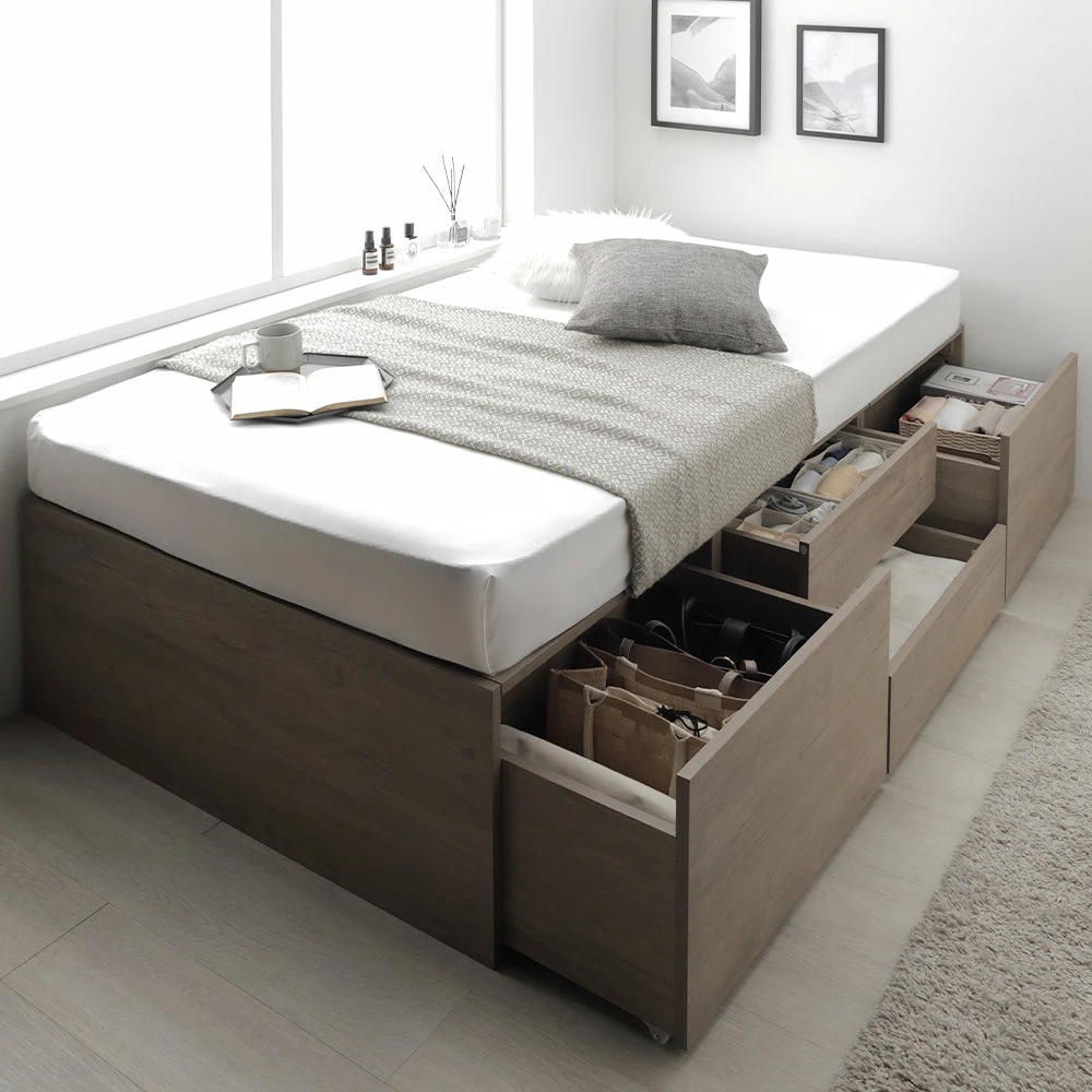 収納付きベッド ヘッドレス すのこ グレージュ シングル(ショート丈) 3ゾーンポケットコイルマットレス付き ヘッドレス