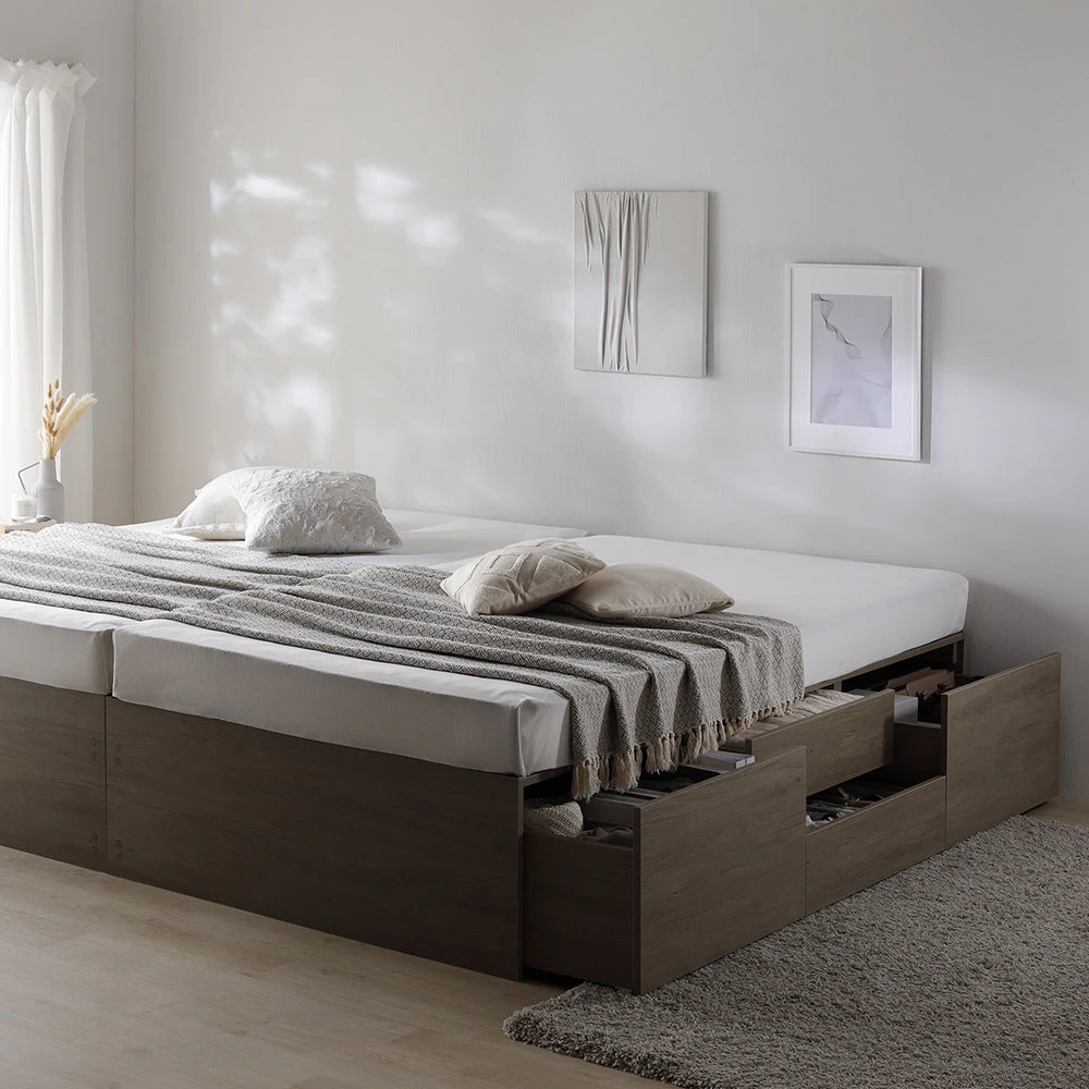 収納付きベッド 連結 ヘッドレス すのこ グレージュ キング180cm(SHSS+SHS)/ショート丈 3ゾーンポケットコイルマットレス付き ヘッドレス