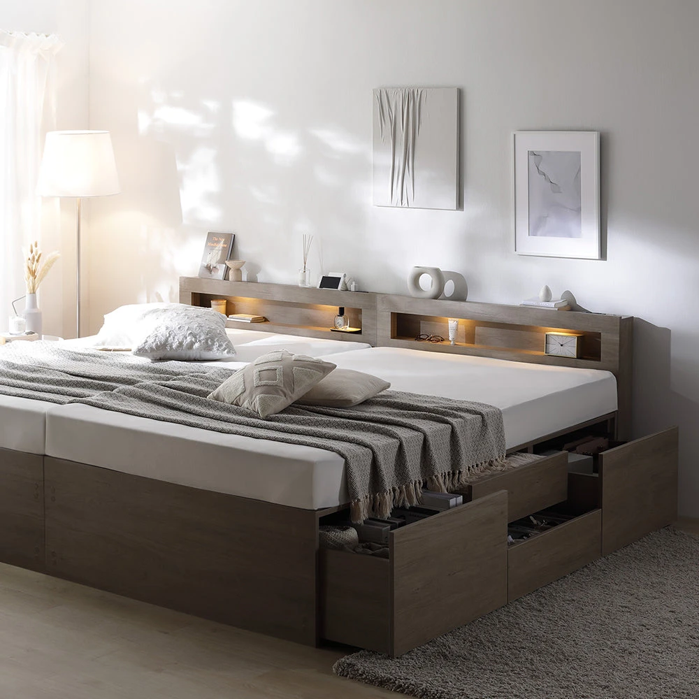 収納付きベッド 連結 照明付き 宮付き すのこ グレージュ キング180cm(SHSS+SHS)/ショート丈 3ゾーンポケットコイルマットレス付き LED照明付き