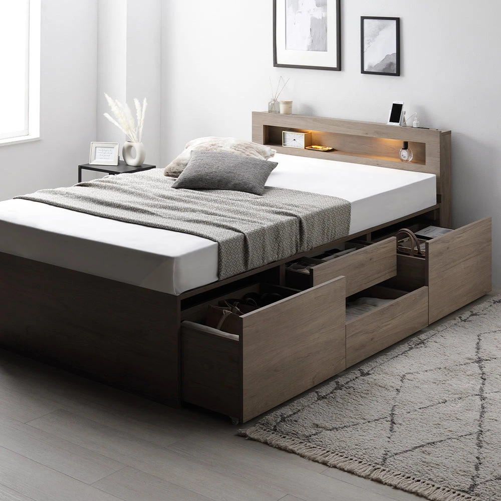 収納付きベッド 照明付き 宮付き すのこ グレージュ シングル(ショート丈) 3ゾーンポケットコイルマットレス付き LED照明付き