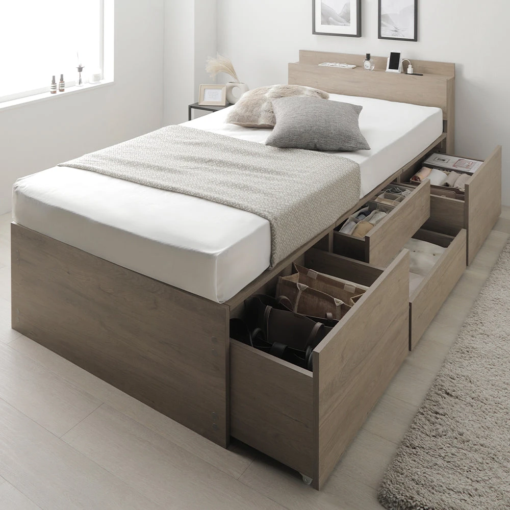 収納付きベッド 宮付き すのこ グレージュ シングル(ショート丈) 3ゾーンポケットコイルマットレス付き 宮付き