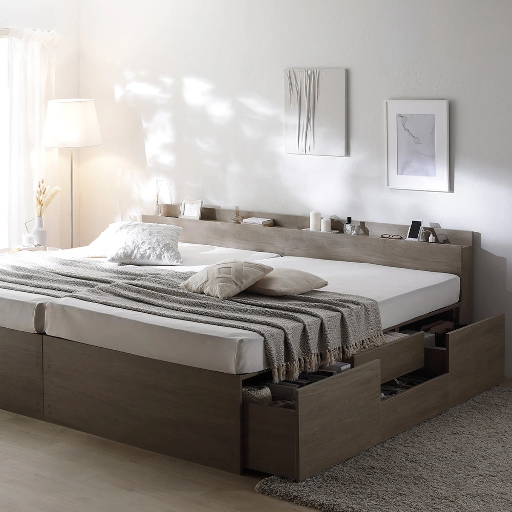 収納付きベッド 連結 宮付き すのこ グレージュ キング180cm(SHSS+SHS)/ショート丈 3ゾーンポケットコイルマットレス付き 宮付き