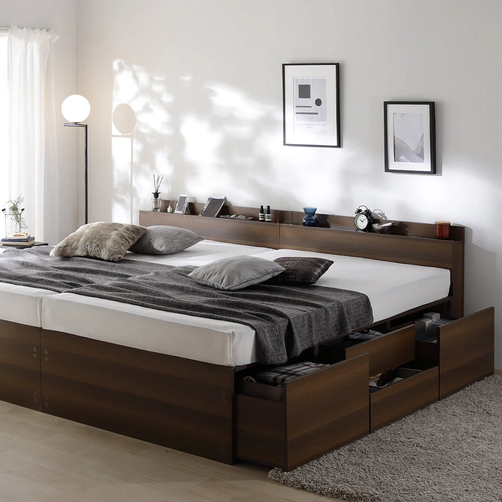 収納付きベッド 連結 宮付き すのこ ブラウン キング180cm(SHSS+SHS)/ショート丈 3ゾーンポケットコイルマットレス付き 宮付き