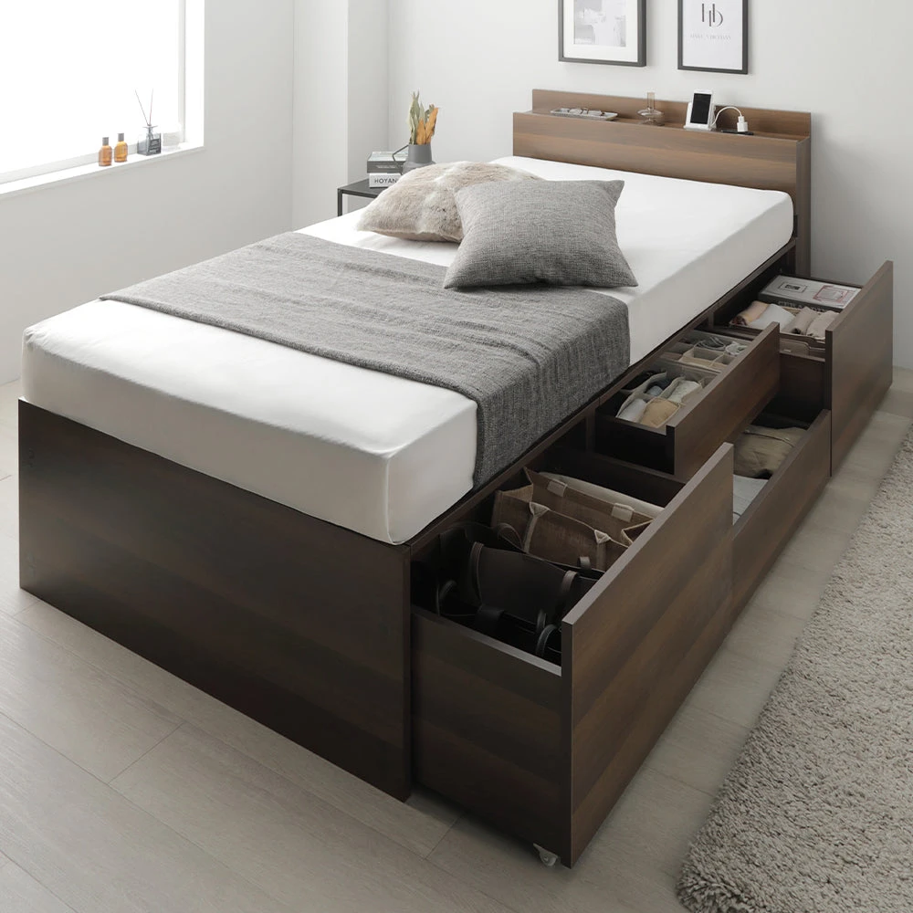 収納付きベッド 宮付き すのこ ブラウン シングル(ショート丈) 3ゾーンポケットコイルマットレス付き 宮付き