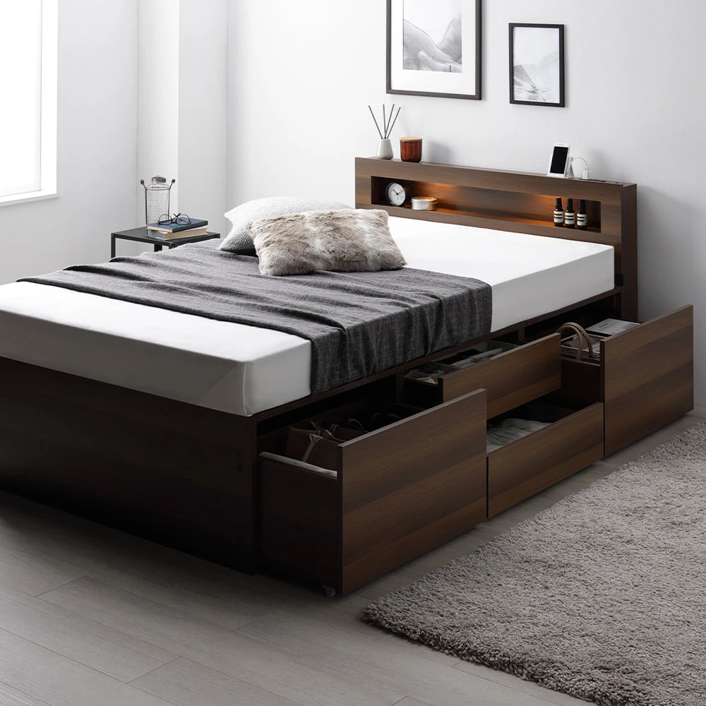 収納付きベッド 照明付き 宮付き すのこ ブラウン シングル(ショート丈) 3ゾーンポケットコイルマットレス付き LED照明付き