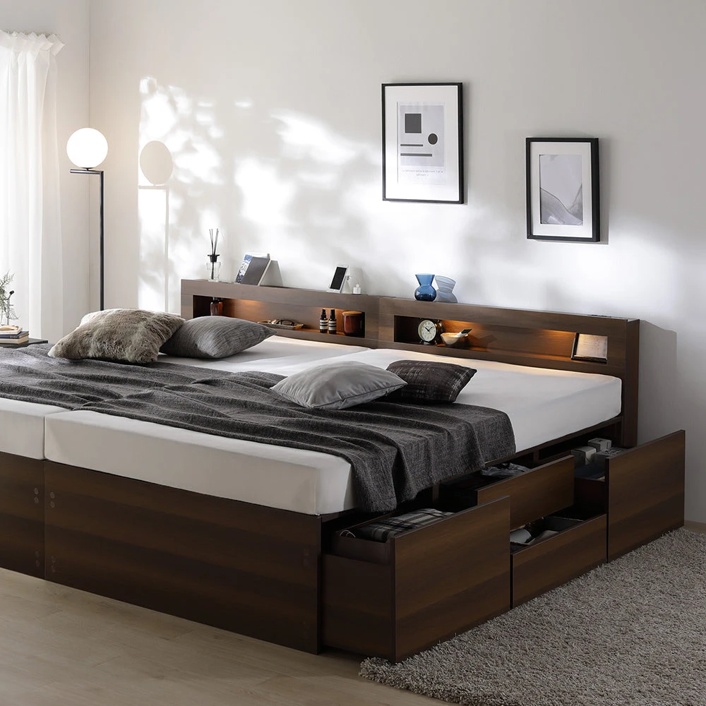 収納付きベッド 連結 照明付き 宮付き すのこ ブラウン キング180cm(SHSS+SHS)/ショート丈 3ゾーンポケットコイルマットレス付き LED照明付き