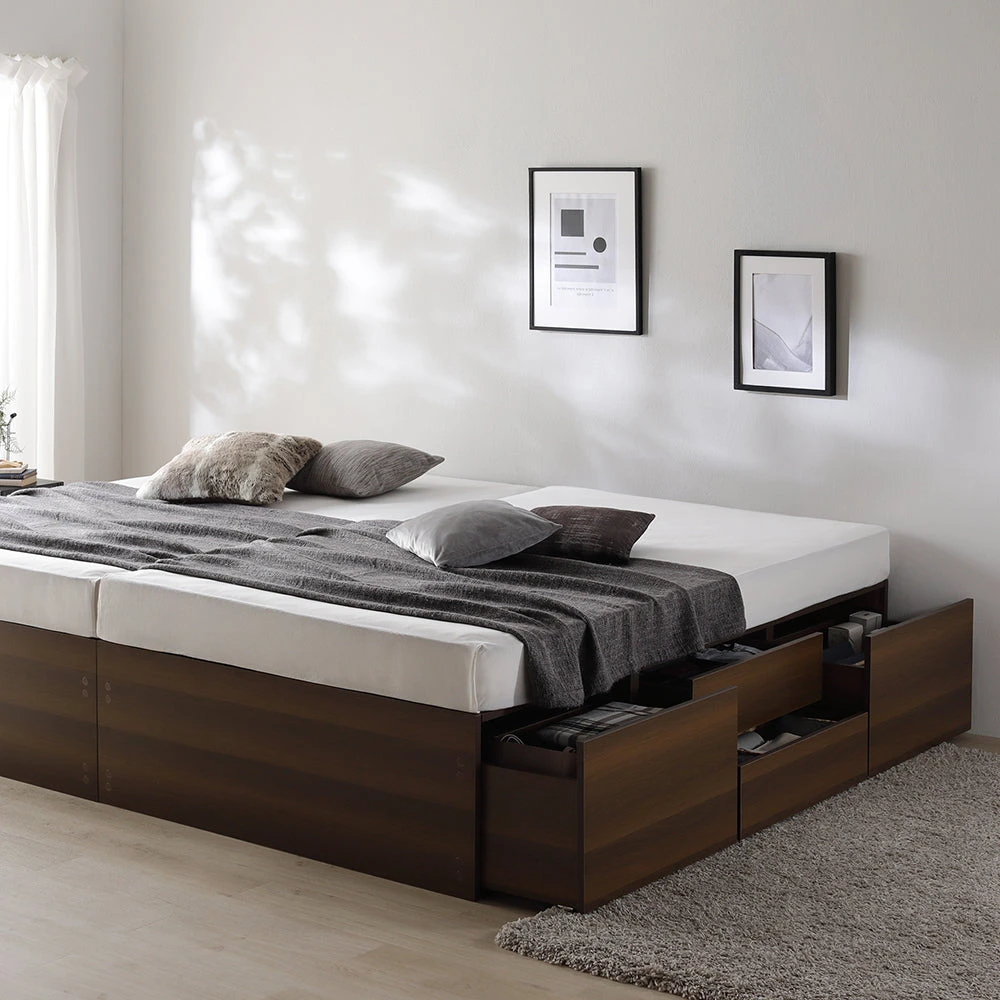 収納付きベッド 連結 ヘッドレス すのこ ブラウン キング180cm(SHSS+SHS)/ショート丈 3ゾーンポケットコイルマットレス付き ヘッドレス