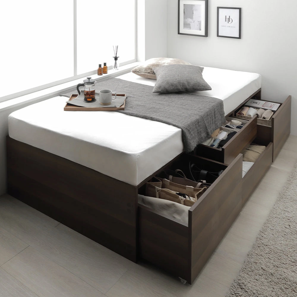 収納付きベッド ヘッドレス すのこ ブラウン シングル(ショート丈) 3ゾーンポケットコイルマットレス付き ヘッドレス