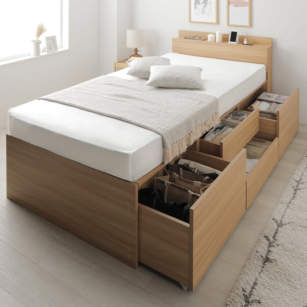 収納付きベッド 宮付き すのこ ナチュラル シングル(ショート丈) 3ゾーンポケットコイルマットレス付き 宮付き