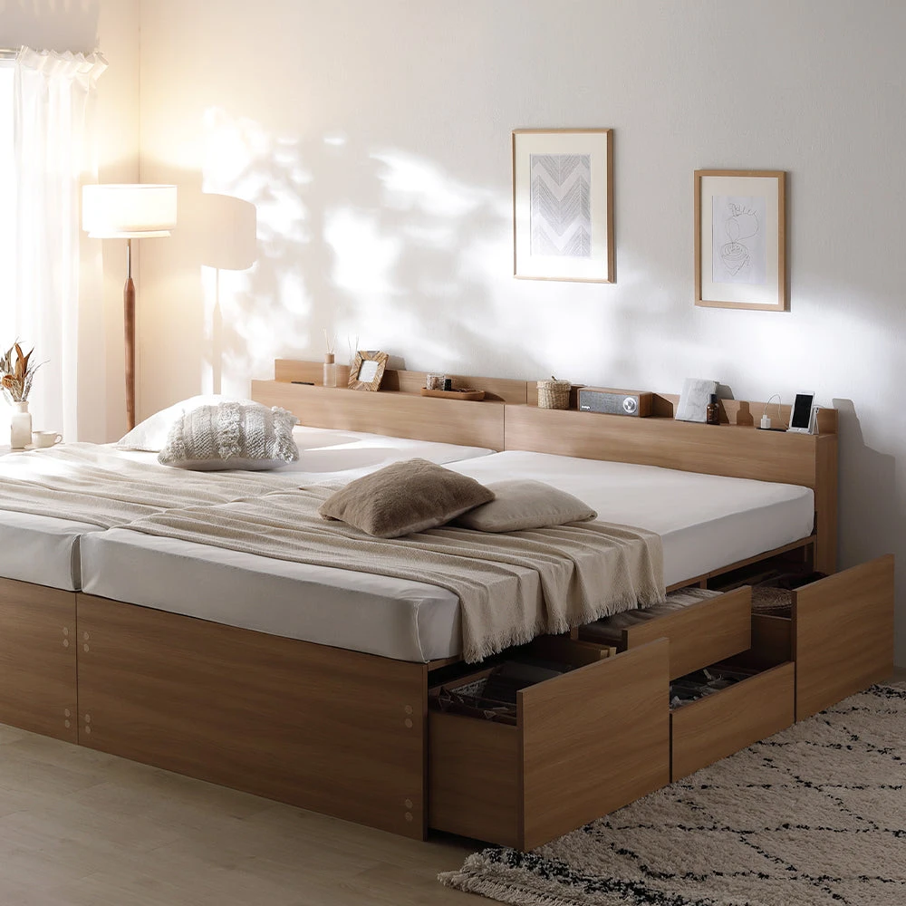 収納付きベッド 連結 宮付き すのこ ナチュラル キング180cm(SHSS+SHS)/ショート丈 3ゾーンポケットコイルマットレス付き 宮付き