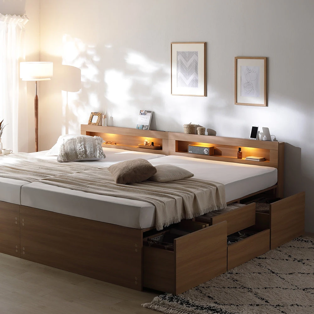 収納付きベッド 連結 照明付き 宮付き すのこ ナチュラル キング180cm(SHSS+SHS)/ショート丈 3ゾーンポケットコイルマットレス付き LED照明付き