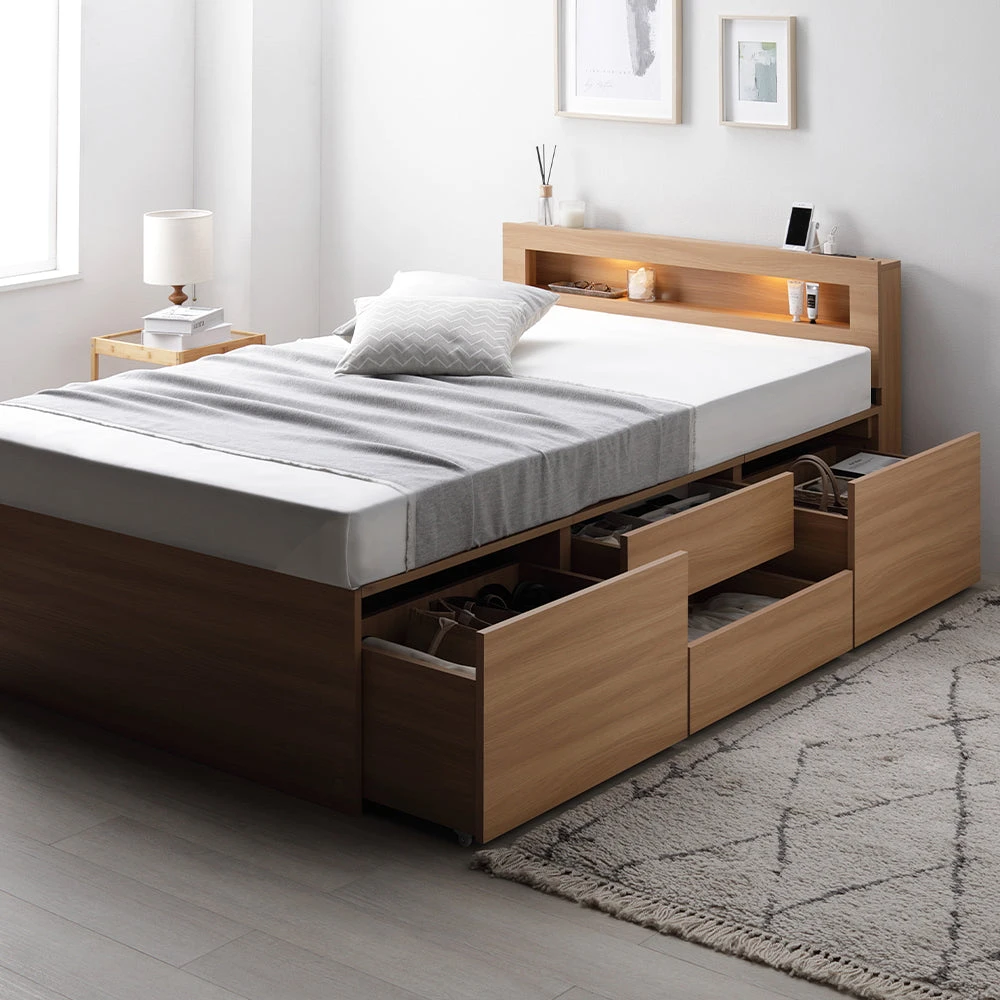 収納付きベッド 照明付き 宮付き すのこ ナチュラル シングル(ショート丈) 3ゾーンポケットコイルマットレス付き LED照明付き