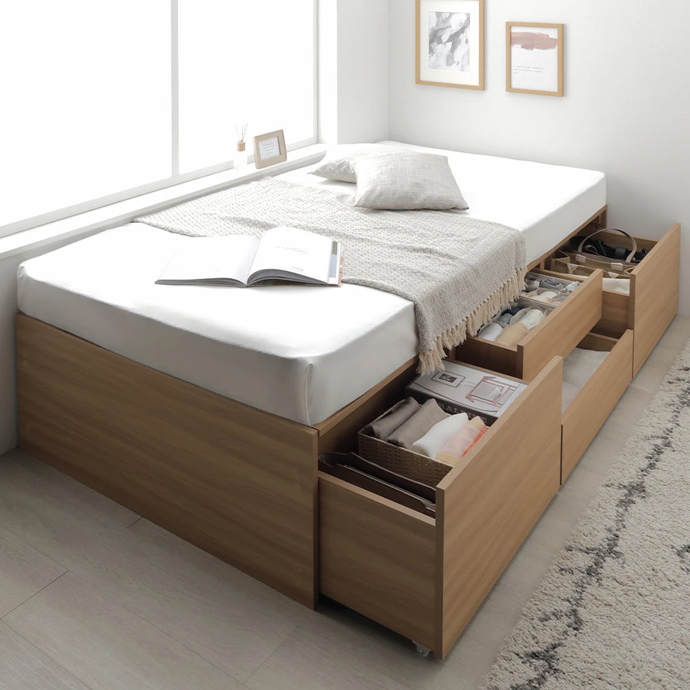 収納付きベッド ヘッドレス すのこ ナチュラル シングル(ショート丈) 3ゾーンポケットコイルマットレス付き ヘッドレス