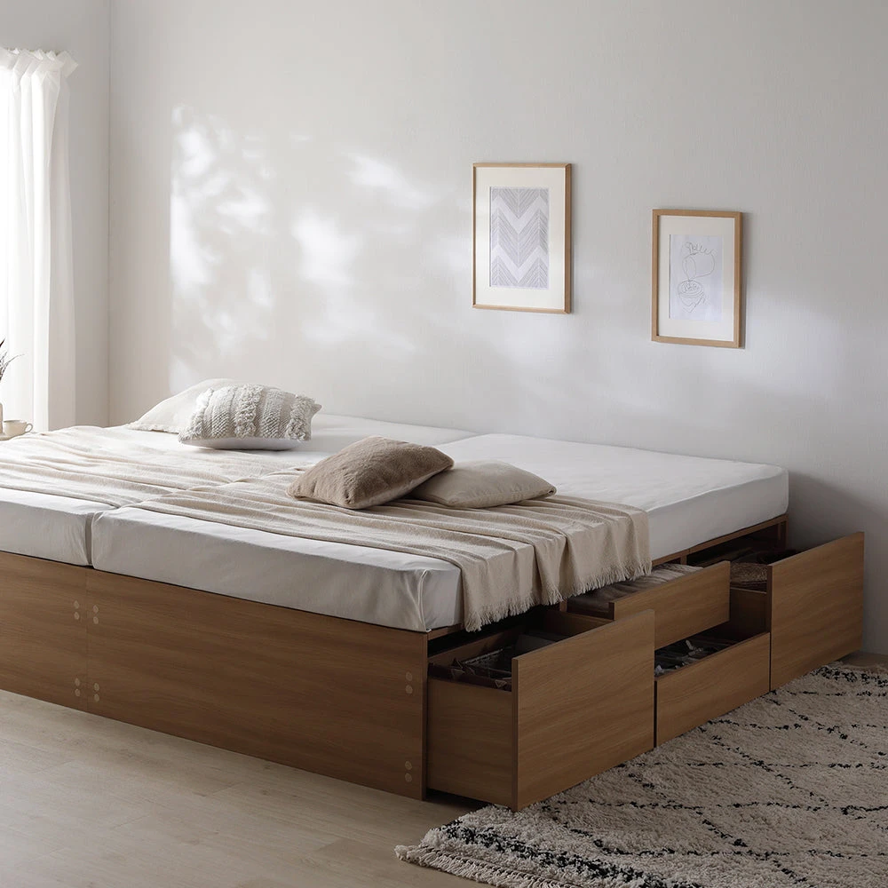 収納付きベッド 連結 ヘッドレス すのこ ナチュラル キング180cm(SHSS+SHS)/ショート丈 3ゾーンポケットコイルマットレス付き ヘッドレス