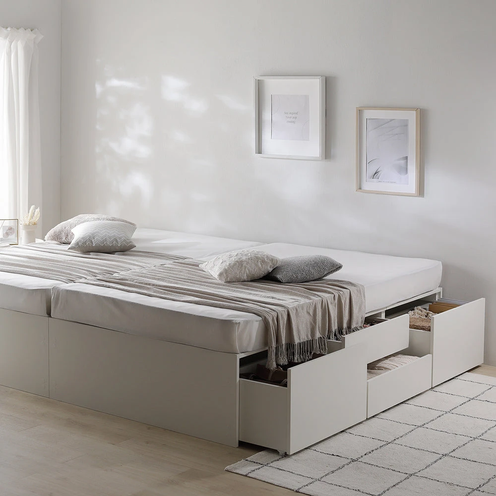 収納付きベッド 連結 ヘッドレス すのこ ホワイト キング180cm(SHSS+SHS)/ショート丈 3ゾーンポケットコイルマットレス付き ヘッドレス