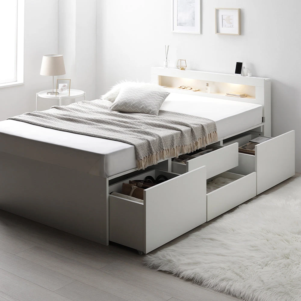 収納付きベッド 照明付き 宮付き すのこ ホワイト セミシングル(ショート丈) 薄型国産ポケットコイルマットレス付き LED照明付き