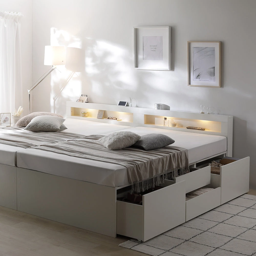 収納付きベッド 連結 照明付き 宮付き すのこ ホワイト キング180cm(SHSS+SHS)/ショート丈 3ゾーンポケットコイルマットレス付き LED照明付き
