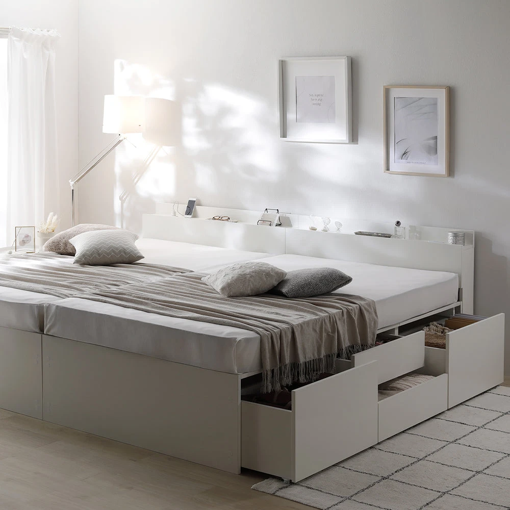 収納付きベッド 連結 宮付き すのこ ホワイト キング180cm(SHSS+SHS)/ショート丈 3ゾーンポケットコイルマットレス付き 宮付き