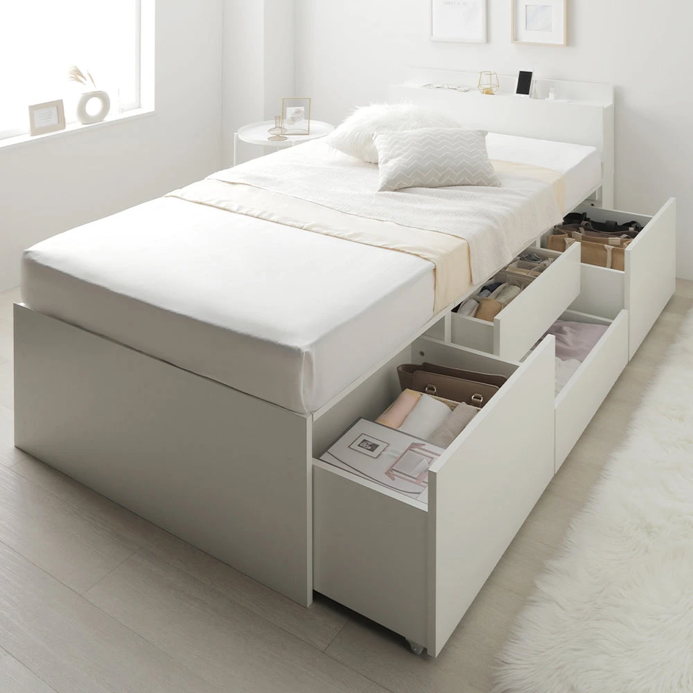 収納付きベッド 宮付き すのこ ホワイト シングル(ショート丈) 3ゾーンポケットコイルマットレス付き 宮付き