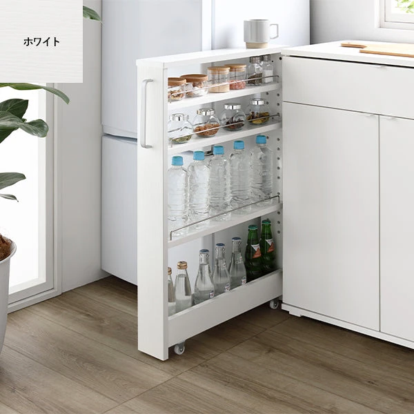 すき間収納ラック ロータイプ 幅10cm ホワイト キャスター付き スリム収納