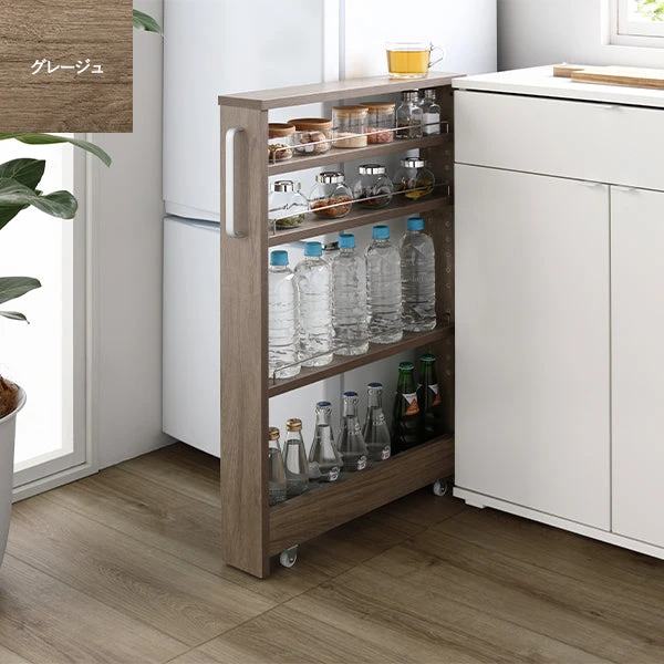 すき間収納ラック ロータイプ 幅10cm グレージュ キャスター付き スリム収納