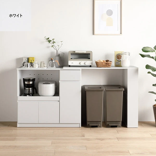 （幅104～178cm）置き場所にあわせて調節できる 、 伸長式テーブル付きキッチン収納 2点セット ・ ホワイト